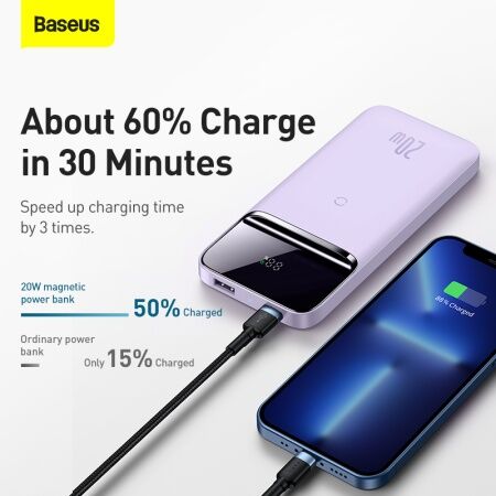 Портативный аккумулятор BASEUS Magnetic Wireless, 3A, 10000 мА⋅ч, фиолетовый, с беспроводной зарядко - 2