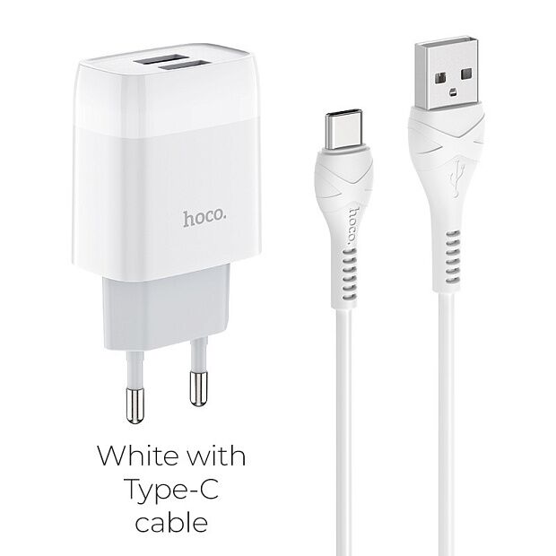 СЗУ HOCO C73A Glorious 2xUSB, 2.4А  USB кабель Type-C, 1м (белый) - 5