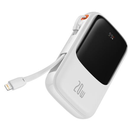 Портативный аккумулятор BASEUS Qpow Pro Digital Display Fast Charge 20W iP Edition, 3A, 10000 мА⋅ч, белый, с кабелем Typ - 4