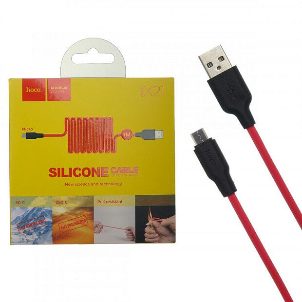 USB кабель HOCO X21 Silicone MicroUSB, 1м, силикон (красный/черный) - 2